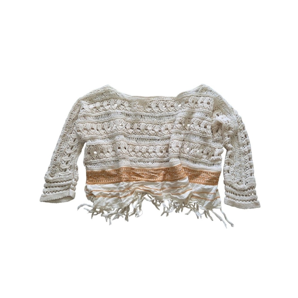 Free People Fringed Crochet Knit Sweater Top XS Cream Boho Festival Layering - Picture 6 of 14